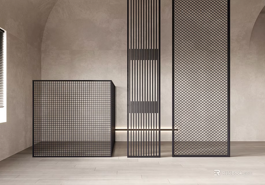 Modern Metal Room Dividers With Grid Pattern Vertical Slats And Geometric Design 3d model