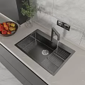 Black Single Bowl Kitchen Sink With Modern Faucet And Drainage Rack In Contemporary Kitchen