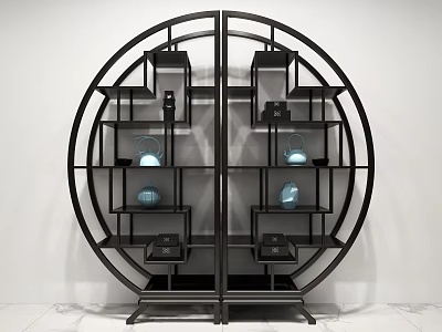 Oriental Curio Shelf With Round Design Black Frame And Blue Decorative Vases On Marble Floor 3d model