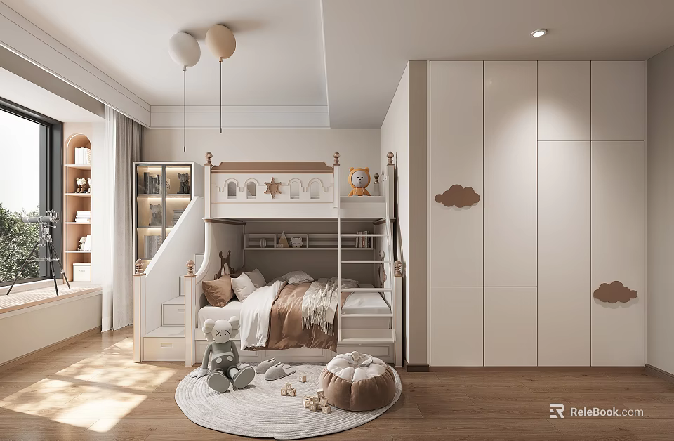 Kids Room Interior with Bunk Bed Stairs Cabinet Cloud Decorations and Stuffed Toys 3d model 