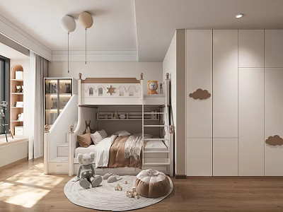 Kids Room Interior with Bunk Bed Stairs Cabinet Cloud Decorations and Stuffed Toys 3d model