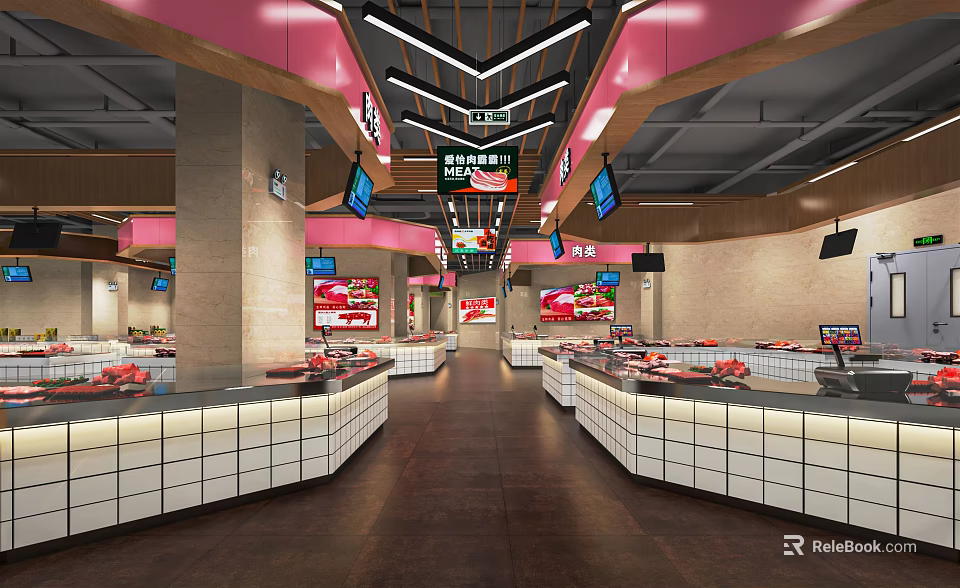 Modern Supermarket Interior With Meat Display Counters And Digital Signage 3d model 
