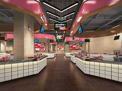 Modern Supermarket Interior With Meat Display Counters And Digital Signage 3d model