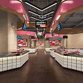 Modern Supermarket Interior With Meat Display Counters And Digital Signage