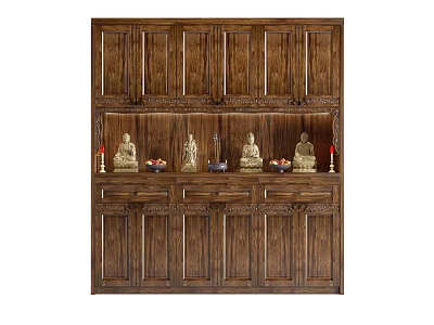 Traditional Carved Wooden Buddhist Shrine Cabinet With Buddha Statues Fruits And Candles 3d model