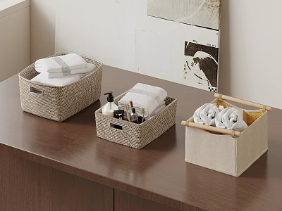 Natural Fabric Storage Baskets For Organizing Towels And Toiletries On Bathroom Countertop 3d model