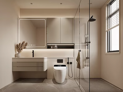 Modern Bathroom Interior With Vanity Mirror Toilet Glass Shower And Tiled Floor 3d model