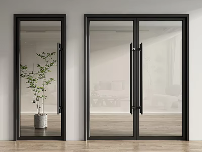 Modern Glass Doors With Black Frames Green Plant And Wooden Floor 3d model