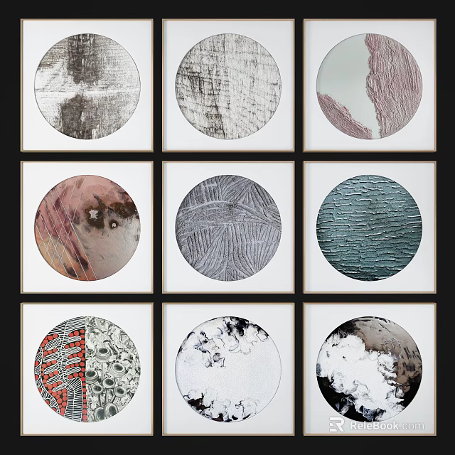 Circular Decorative Paintings With Various Textures Arranged In Nine Grid Black Frames 3d model