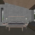 Modern Bedroom Interior Design With Concrete Walls Wooden Headboard And Bedside Lamps