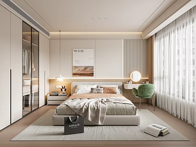Modern Bedroom Interior Design With Wardrobes Bed Green Chair Round Mirror And Soft Rug 3d model