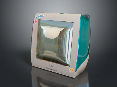 Retro Computer Monitor With Beige Blue Design Fish Logo Heart Detail And Blue Label 3d model