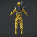 Game Movie Character In Yellow Protective Suit With Gas Mask And Harness Equipment
