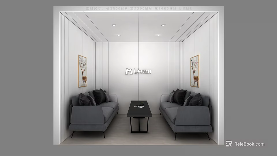 Modern Minimalist Lounge Area With Gray Sofas Black Coffee Table And Wall Paintings 3d model 