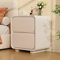 Modern Beige Bedside Table with Drawers Perfume Bottle and Flower Vase Next to Bed