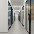 Elevator Hallway With Glass Doors White Walls Ceiling Lights And Wooden Cabinets