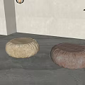 Round Floor Cushions In Beige And Light Brown With Green Plant And White Planter