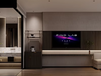 Elegant Modern Luxury Hotel Guest Room With Built In TV Wall And Functional Coffee Station 3d model