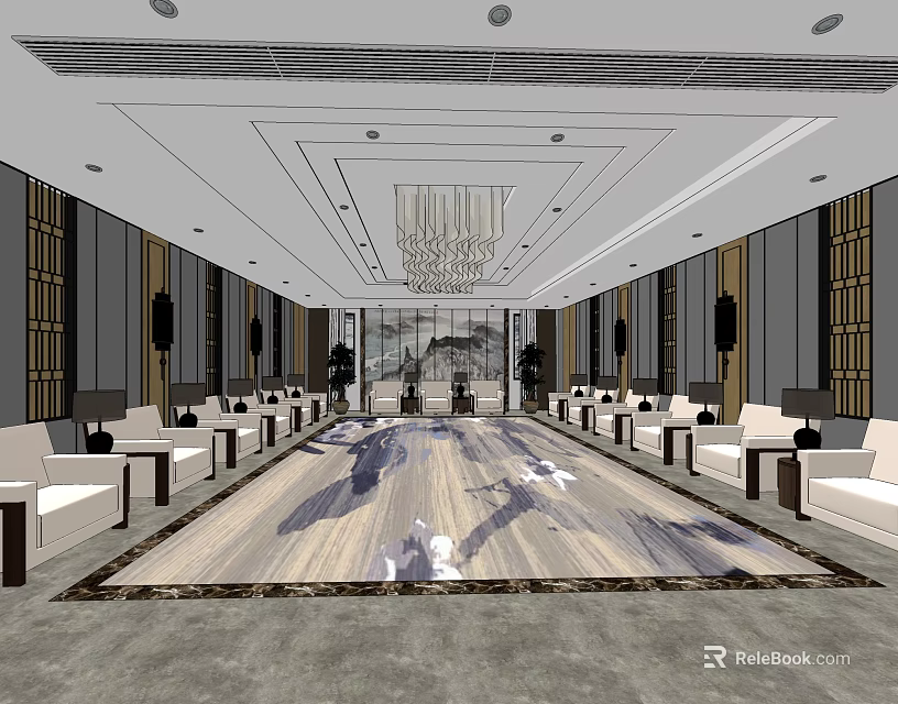 Hotel Public Lounge Interior With Spacious Layout Chandelier And Comfortable Sofas 3d model