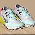 Light Blue Gray Running Shoes With Yellow Sole Red Heel And Mesh Upper Design