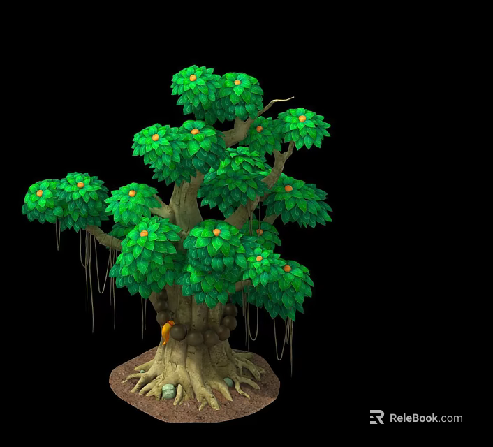 Ornamental Bush With Green Leaves Yellow Fruits Hanging Aerial Roots And Exposed Roots 3d model 