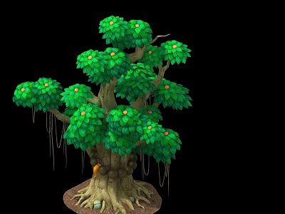 Ornamental Bush With Green Leaves Yellow Fruits Hanging Aerial Roots And Exposed Roots 3d model