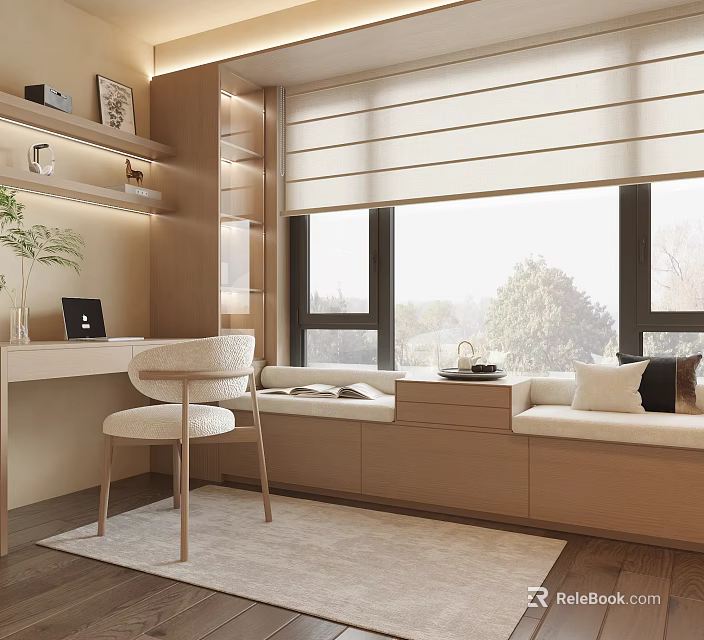 Modern Bay Window Seat With Cozy Cushions Natural Light And Desk Area 3d model 