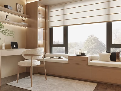 Modern Bay Window Seat With Cozy Cushions Natural Light And Desk Area 3d model