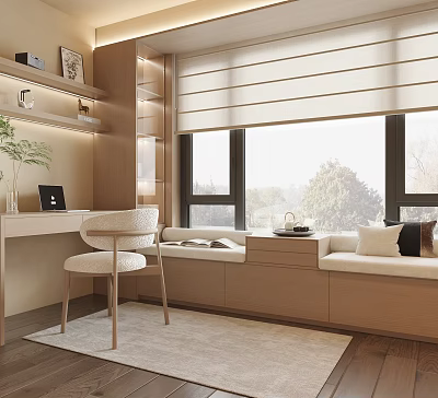 Modern Bay Window Seat With Cozy Cushions Natural Light And Desk Area 3d model
