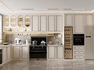 Modern Kitchen Interior With White Cabinets Marble Countertop Black Stove Coffee Machine And Wine Cooler 3d model