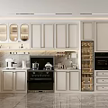 Modern Kitchen Interior With White Cabinets Marble Countertop Black Stove Coffee Machine And Wine Cooler