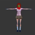 Schoolgirl In Uniform With Red Scarf Standing Arms Outstretched On Gray Background