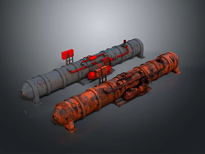 Industrial Cylindrical Equipment With Gray And Rusty Metal Structures And Red Components 3d model
