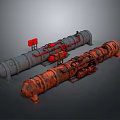 Industrial Cylindrical Equipment With Gray And Rusty Metal Structures And Red Components