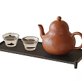 Brown Ceramic Teapot With Two Glass Cups On Black Tray Tea Set 3d model
