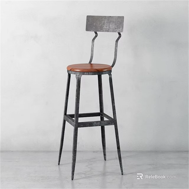 Industrial Style Bar Stool With Brown Leather Seat And Metal Frame 3d model 