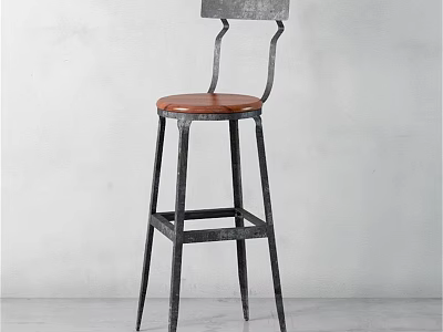 Industrial Style Bar Stool With Brown Leather Seat And Metal Frame 3d model