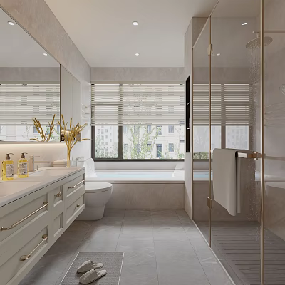 Modern Bathroom Design Featuring White Vanity Toilet Bathtub Glass Shower Enclosure Large Windows And Blinds 3d model