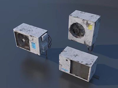Three Old Air Conditioner Fans Outdoor Units With Dust And Stains On Surface Box Structure 3d model