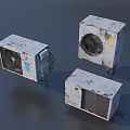 Three Old Air Conditioner Fans Outdoor Units With Dust And Stains On Surface Box Structure