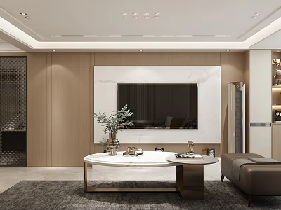 Modern Living And Dining Room Interior With Sofa Coffee Table Marble TV Wall And Plants 3d model