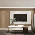 Modern Living And Dining Room Interior With Sofa Coffee Table Marble TV Wall And Plants
