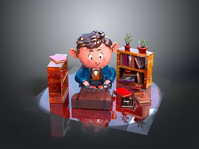 Child Sitting at Desk with Bookshelf Books and Potted Plants 3d model