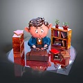 Child Sitting at Desk with Bookshelf Books and Potted Plants