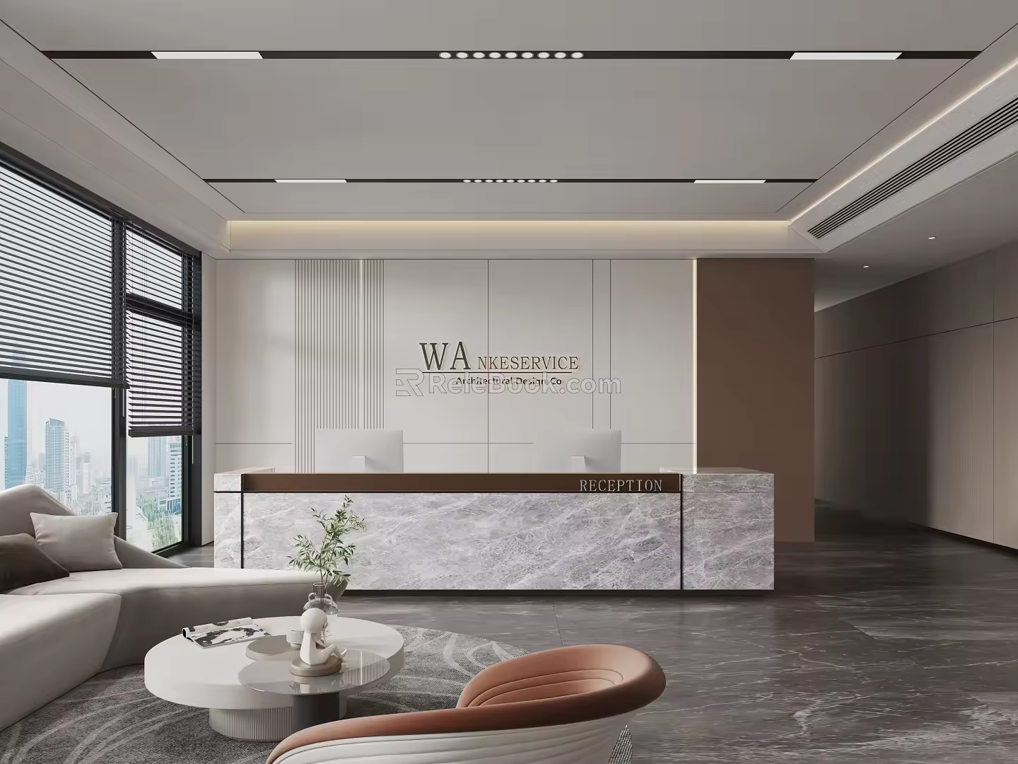 Modern company front desk background wall sofa reception area sofa chandelier 3d model