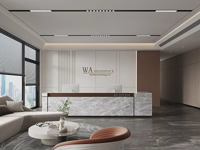 Modern Reception Desk Featuring Marble Countertop Company Logo Sofa And Coffee Table In Bright Office 3d model