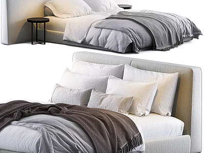 Modern Double Bed Interior Design With Soft Pillows Cozy Blanket And Minimalist Nightstand 3d model
