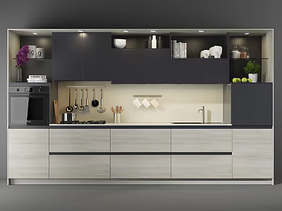 Modern Kitchen With Upper Lower Cabinets Hanging Utensils Countertop And Plants 3d model