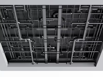 Modern Industrial Ceiling With Metal Framework Pipes And Support Grid Design 3d model