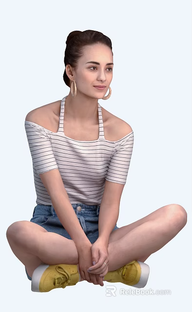 Woman In Off Shoulder Striped Ribbed Top And Denim Shorts Sitting Cross Legged With Gold Hoop Earrings 3d model 